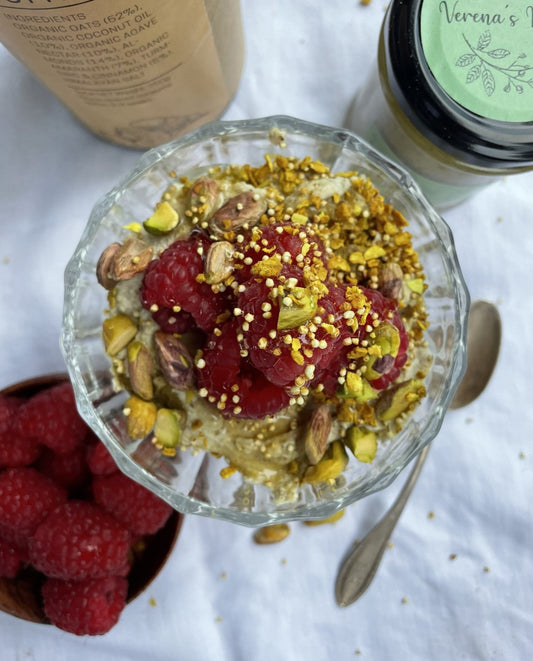 healthy breakfast with fruit, granola and nut butter